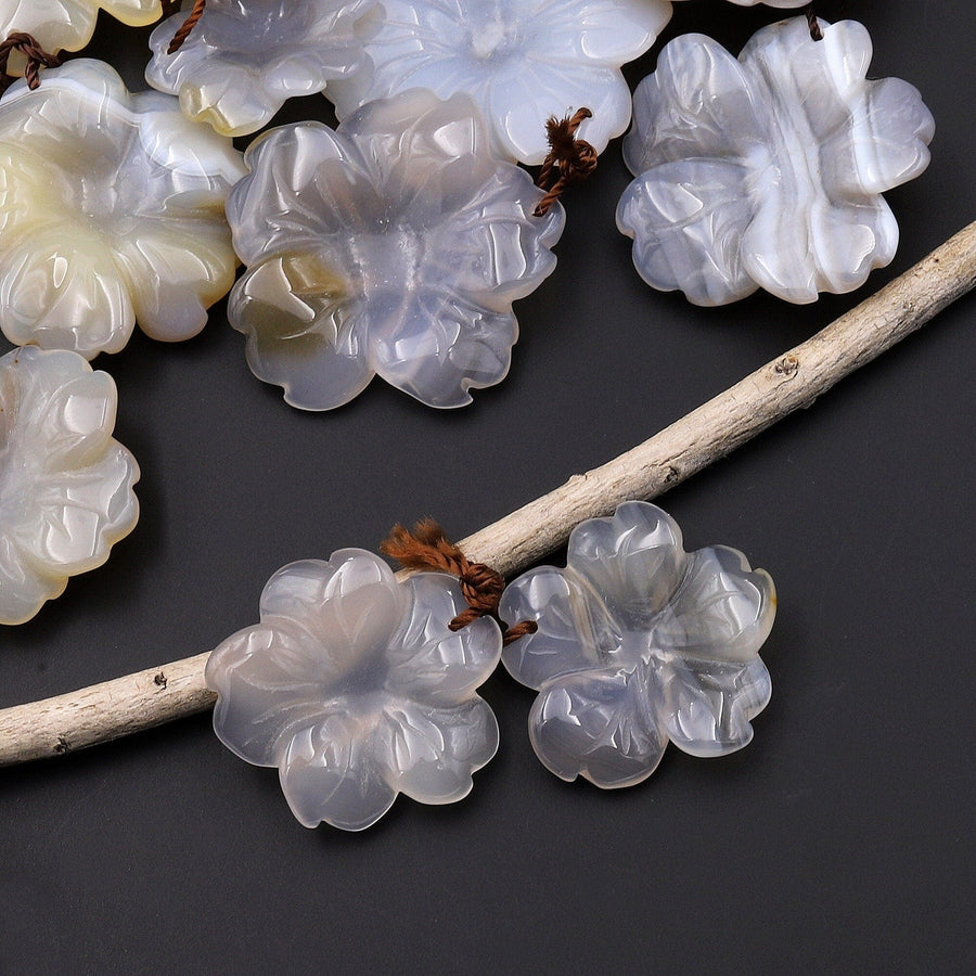 Hand Carved Natural Gray Agate Flower Earring Pair Drilled Gemstone Matched Beads