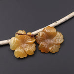 Hand Carved Natural Brown Yellow Carnelian Flower Earring Pair Drilled Translucent Gemstone Matched Beads