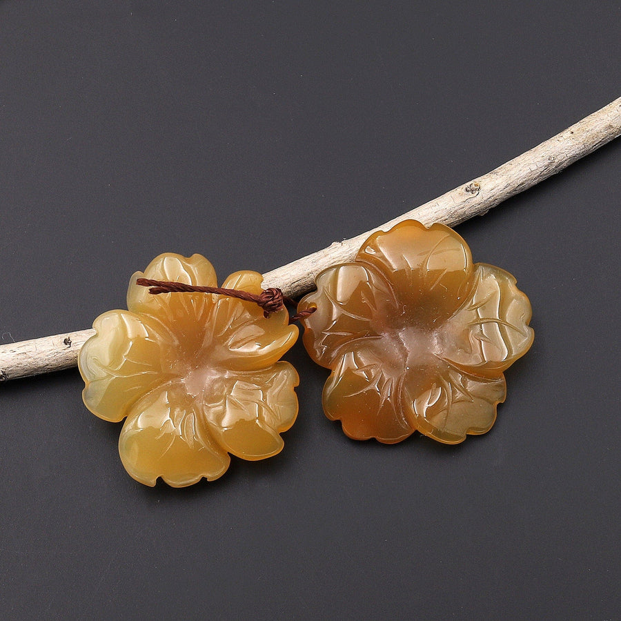 Hand Carved Natural Brown Yellow Carnelian Flower Earring Pair Drilled Translucent Gemstone Matched Beads