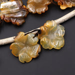 Hand Carved Natural Brown Yellow Carnelian Flower Earring Pair Drilled Translucent Gemstone Matched Beads