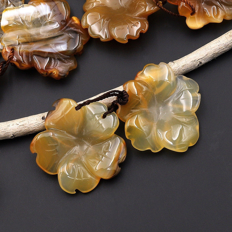 Hand Carved Natural Brown Yellow Carnelian Flower Earring Pair Drilled Translucent Gemstone Matched Beads