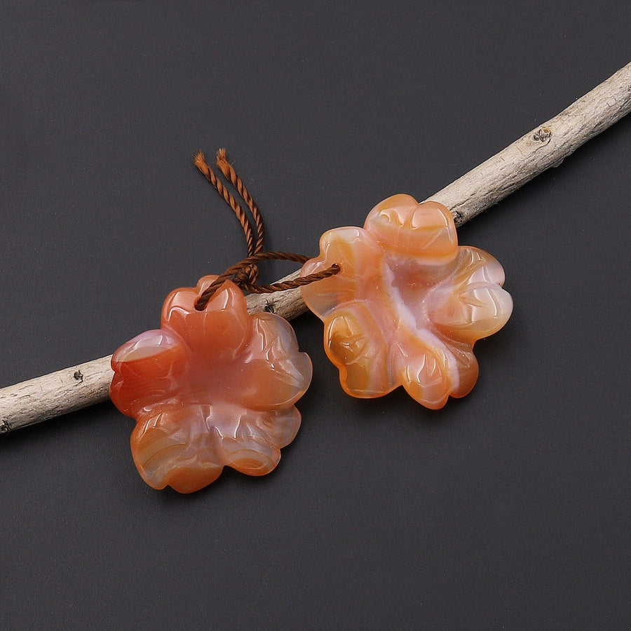 Hand Carved Natural Peach Orange Carnelian Flower Earring Pair Drilled Translucent Gemstone Matched Beads