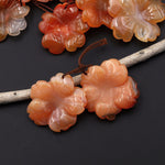 Hand Carved Natural Peach Orange Carnelian Flower Earring Pair Drilled Translucent Gemstone Matched Beads