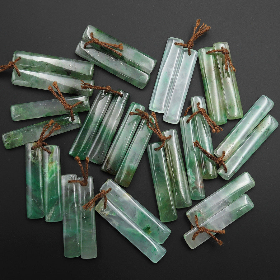 Icy Natural Green Jade Rectangle Matched Gemstone Earring Bead Pair