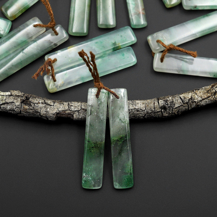 Icy Natural Green Jade Rectangle Matched Gemstone Earring Bead Pair