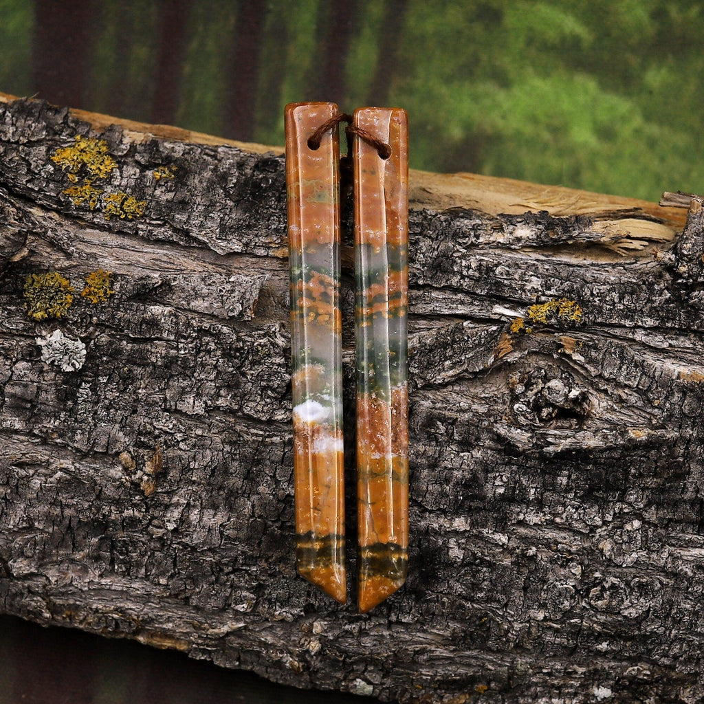 Natural Ocean Jasper Super Long Linear Spike Thin Rectangle Earring Pair Matched Gemstone Beads A1
