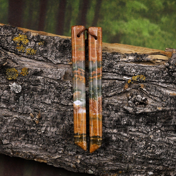 Natural Ocean Jasper Super Long Linear Spike Thin Rectangle Earring Pair Matched Gemstone Beads A1