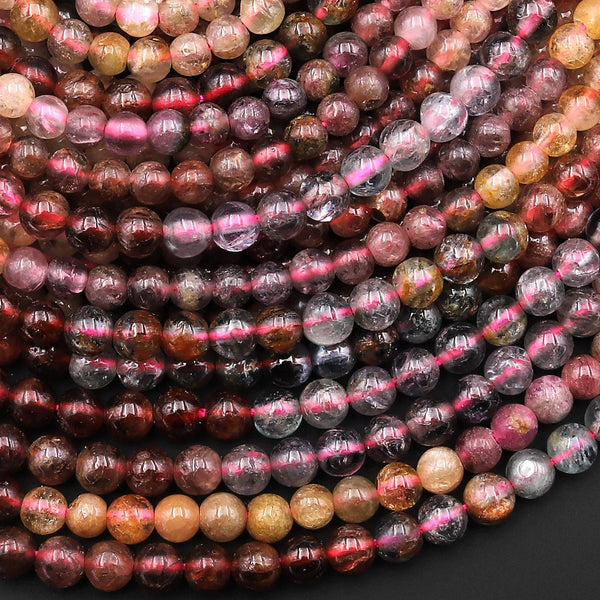 Natural Multicolor Red PinkTourmaline 3mm 4mm Smooth Round Beads 15.5" Strand