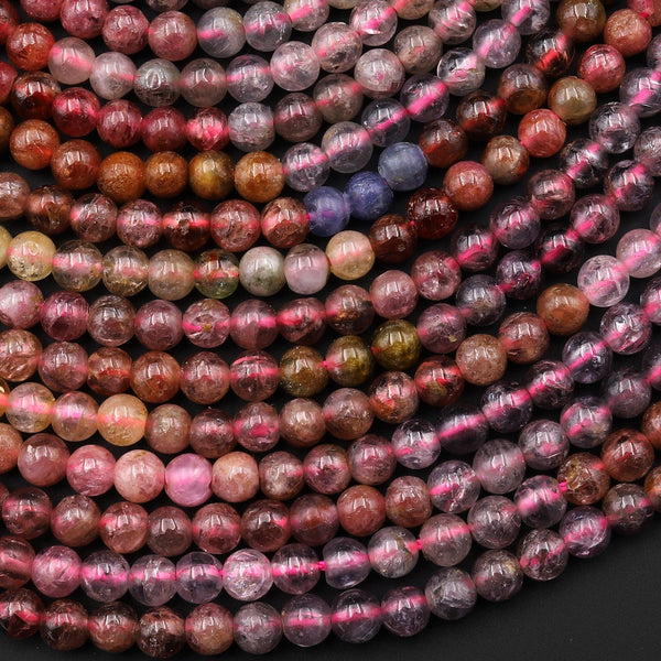 Natural Multicolor Translucent Red PinkTourmaline 3mm 4mm Smooth Round Beads 15.5" Strand