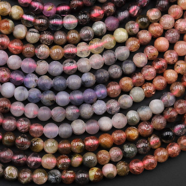 Natural Multicolor Red Cognac Blue Tourmaline 3mm 4mm Smooth Round Beads 15.5" Strand