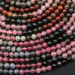 Natural Multicolor Red Pink Green Tourmaline 3mm 4mm Smooth Round Beads 15.5" Strand