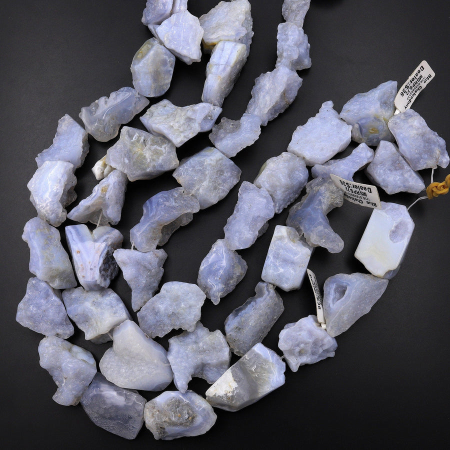 Large Freeform Natural Blue Chalcedony Geode Slice Druzy Beads Blue Lace Agate 15.5" Strand