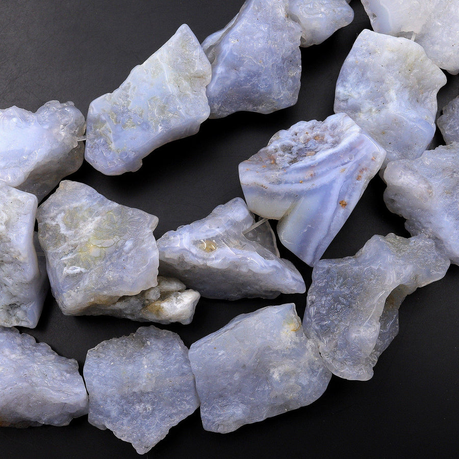 Large Freeform Natural Blue Chalcedony Geode Slice Druzy Beads Blue Lace Agate 15.5" Strand