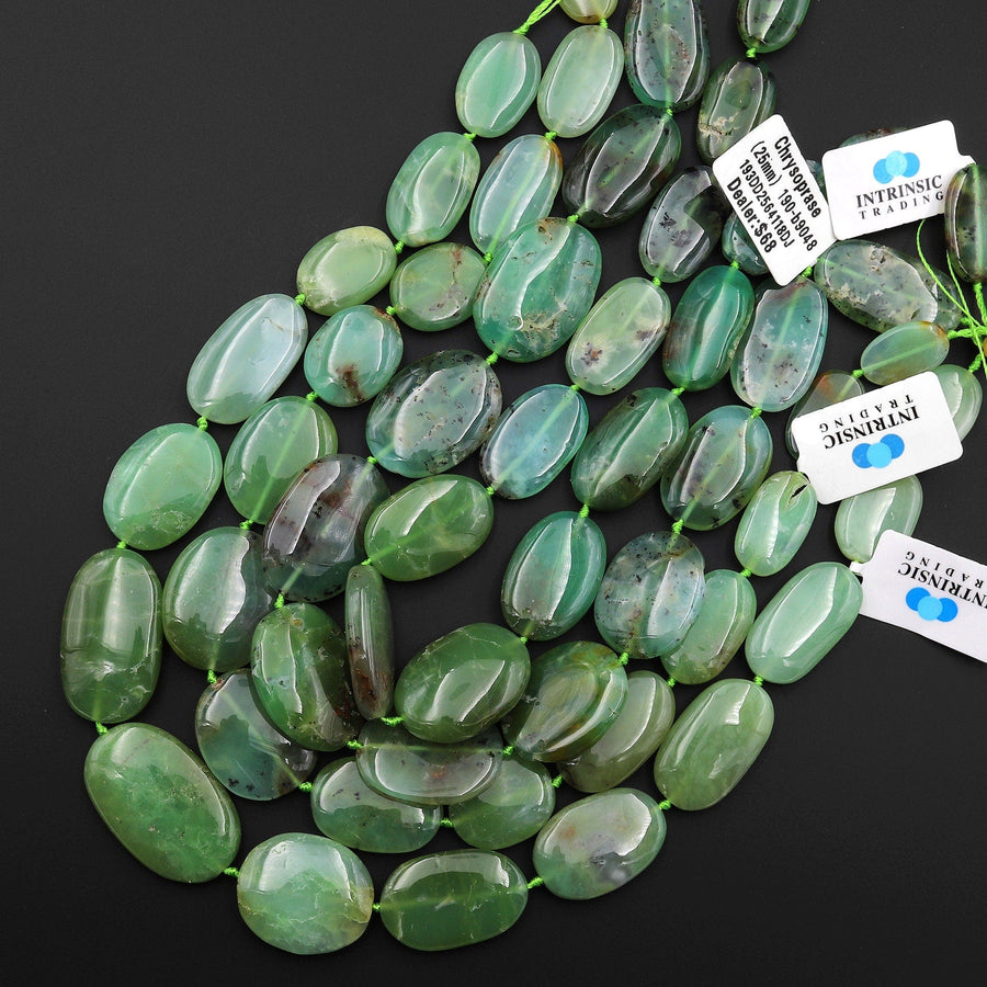 Large Natural Australian Green Chrysoprase Smooth Oval Nugget Beads Gemstone 15.5" Strand