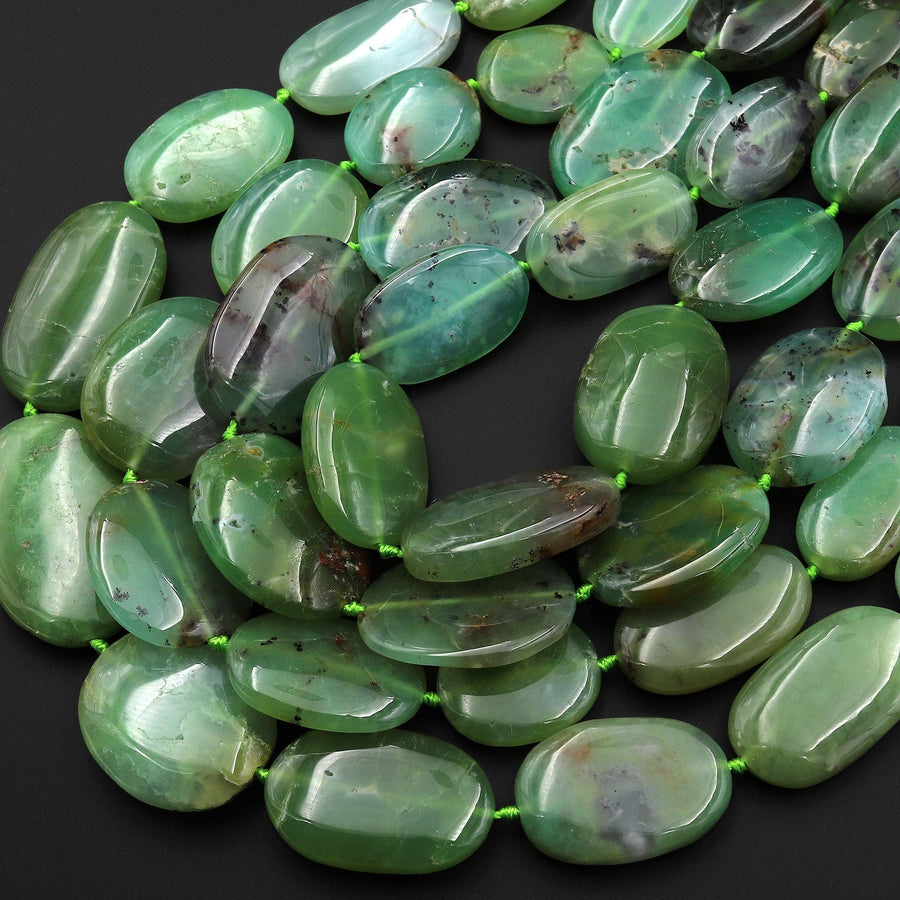 Large Natural Australian Green Chrysoprase Smooth Oval Nugget Beads Gemstone 15.5" Strand