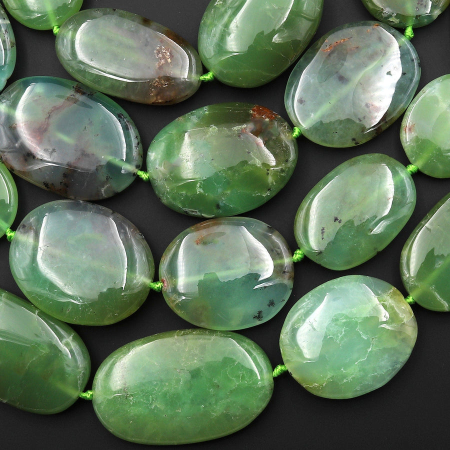 Large Natural Australian Green Chrysoprase Smooth Oval Nugget Beads Gemstone 15.5" Strand