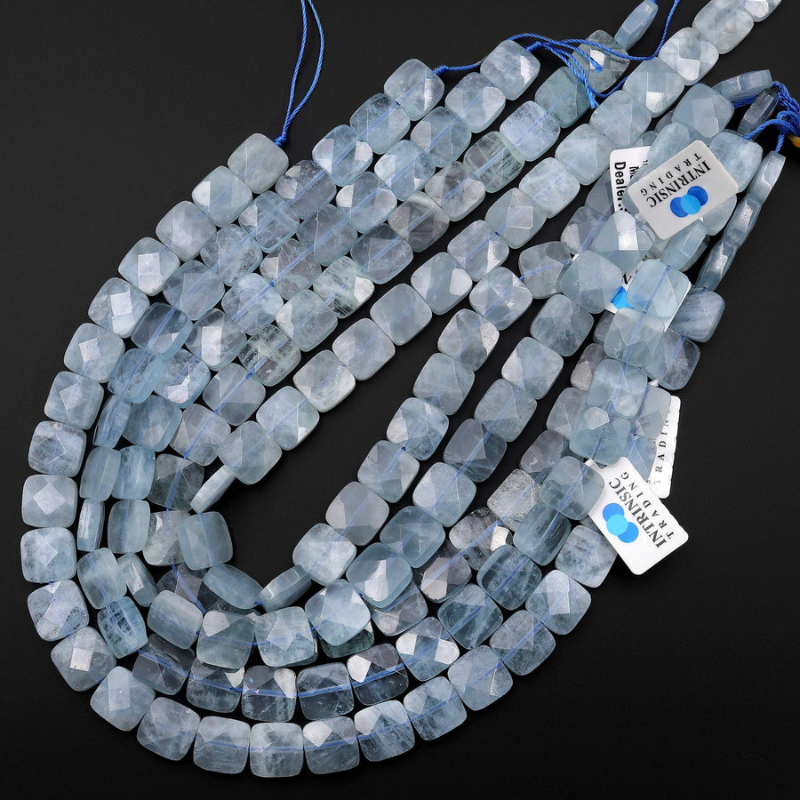 AAA Translucent Natural Aquamarine Beads Faceted Cushion 12mm Flat Square Gemstone 15.5" Strand