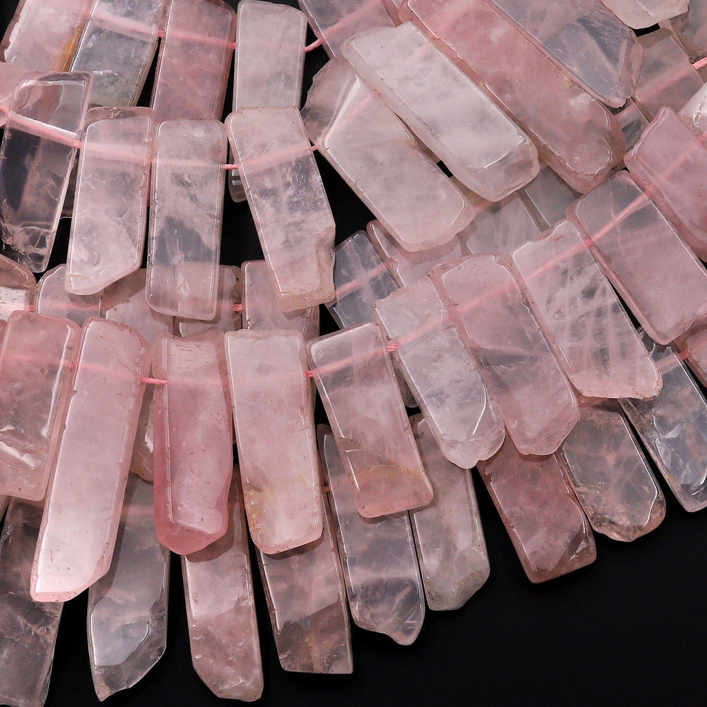 Natural Rose Quartz Rectangle Beads Spike Focal Pendant Cleopatra Style Graduated Fan Shaped 15.5" Strand