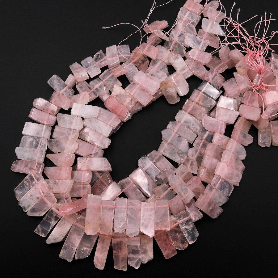 Natural Rose Quartz Rectangle Beads Spike Focal Pendant Cleopatra Style Graduated Fan Shaped 15.5" Strand