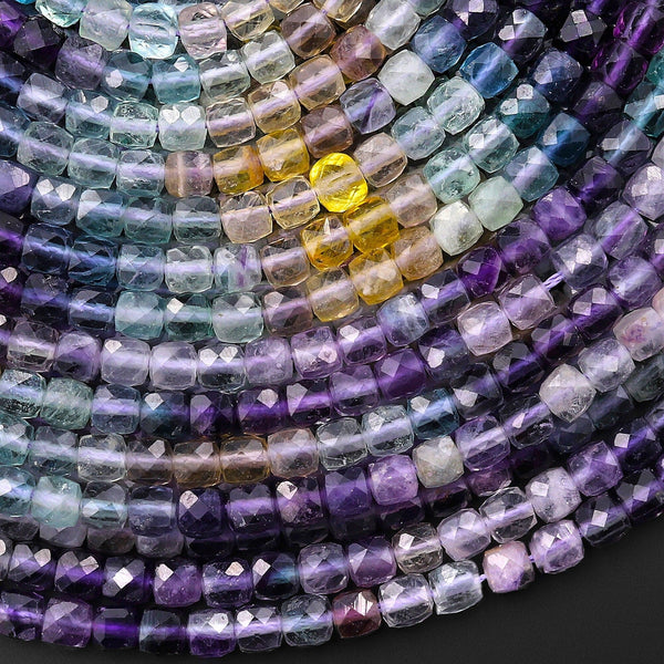 AAA Natural Fluorite Faceted 4mm Cube Beads Vibrant Purple Green Yellow Gemstone 15.5" Strand