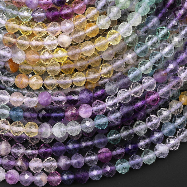 AAA Natural Multicolor Fluorite Faceted 4mm Round Beads Pink Purple Green Yellow Gemstone Bead 15.5" Strand