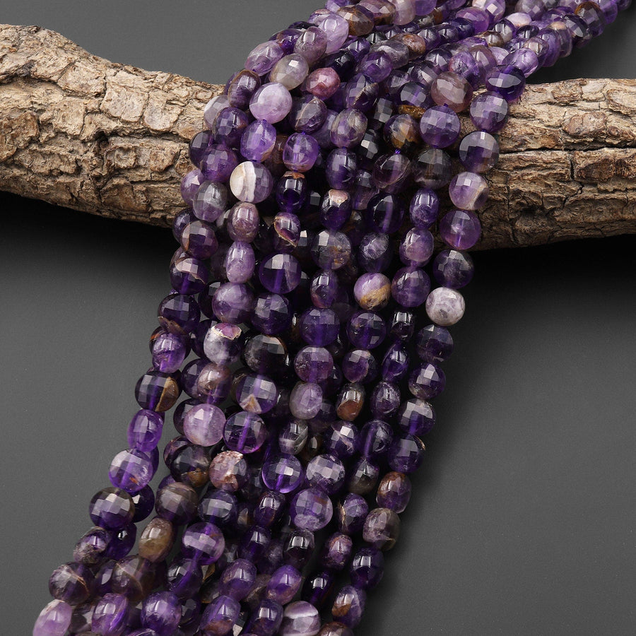 Natural Purple Phantom Amethyst Faceted Coin 6mm 8mm 10mm 15.5" Strand