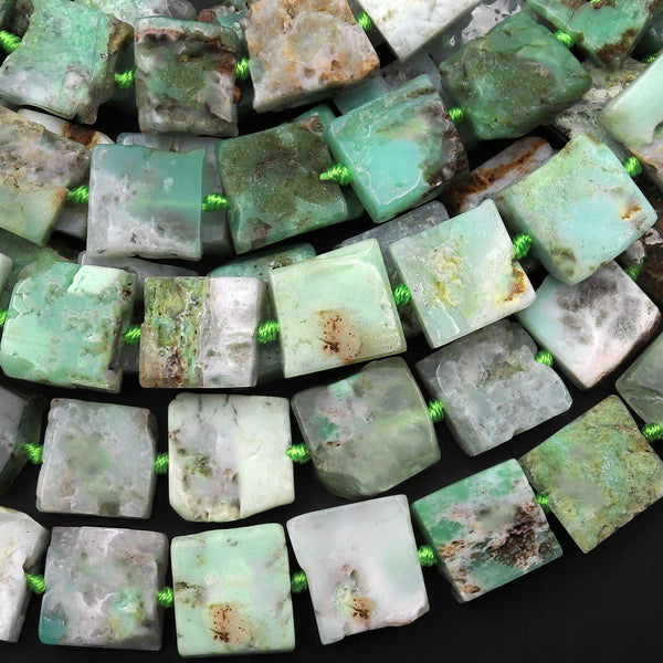 Large Natural Australian Green Chrysoprase Square Beads Hand Cut Freeform 15.5" Strand