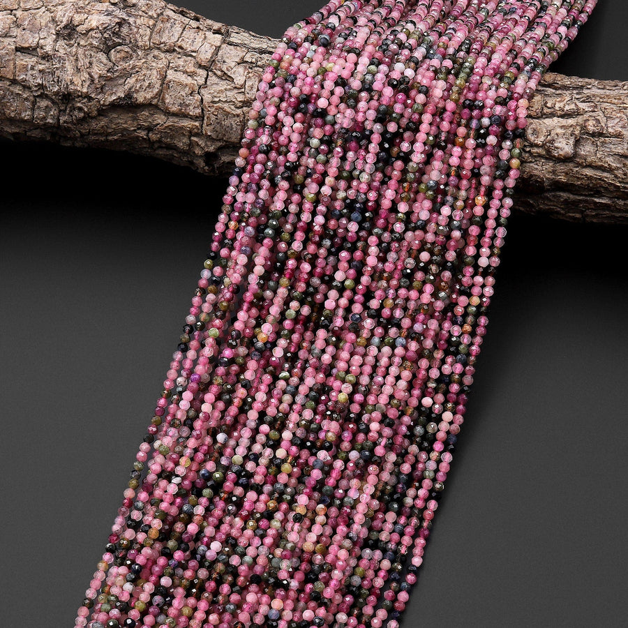 Faceted Natural Pink Green Tourmaline 2mm Round Beads Gemstone 15.5" Strand