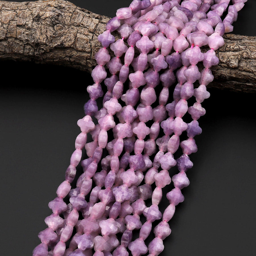 4 Four Leaf Clover Beads Natural Lilac Pink Purple Lepidolite Carved Faceted Flower Gemstone Strand