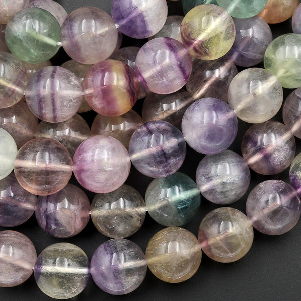 Large Natural Rainbow Fluorite 12mm 13mm 14mm Round Beads Soft Pink Purple Green Honey Gemstone 15.5" Strand