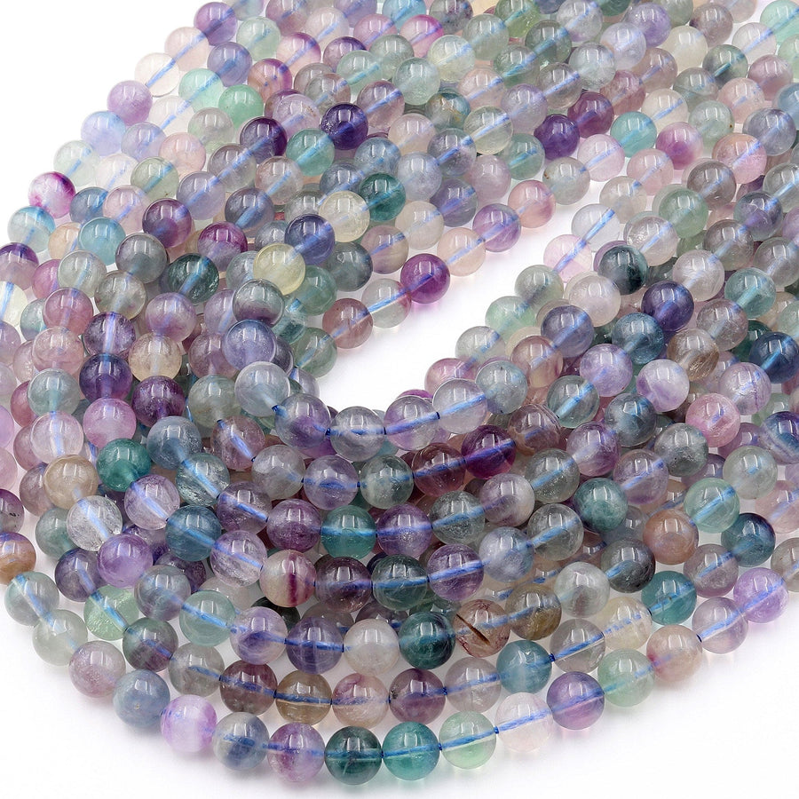 Natural Rainbow Fluorite Beads 6mm 8mm 10mm 12mm Round Soft Purple Green Gemstone 15.5" Strand