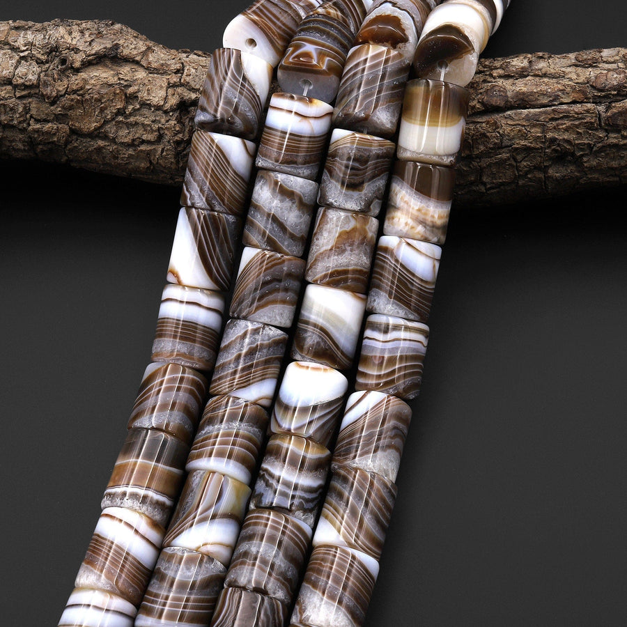 AAA Large Natural Tibetan Agate Beads Smooth Cylinder Tube Amazing Caramel Brown Veins Bands Stripes 15.5" Strand