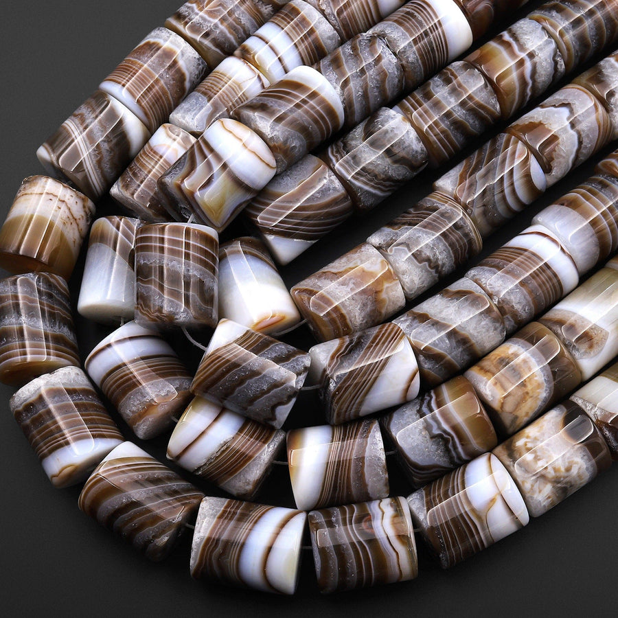 AAA Large Natural Tibetan Agate Beads Smooth Cylinder Tube Amazing Caramel Brown Veins Bands Stripes 15.5" Strand