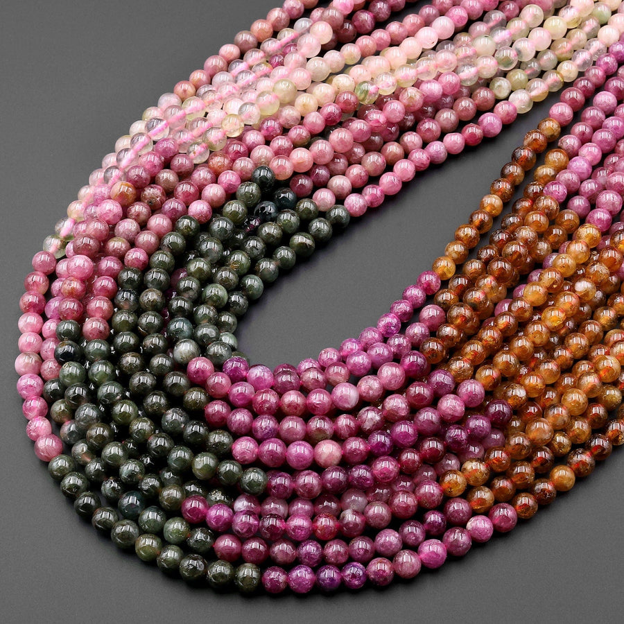 AAA Natural Multicolor Pink Green Golden Yellow Tourmaline 4mm Smooth Round Beads 15.5" Strand
