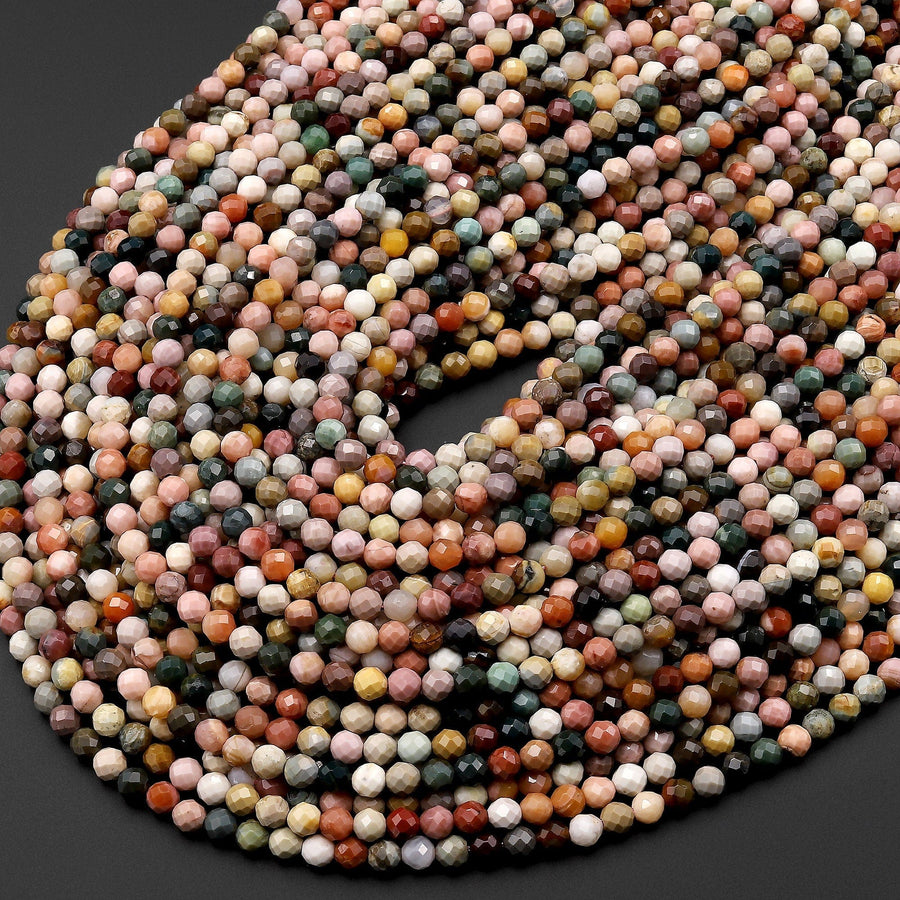 Faceted Natural Imperial Jasper 2mm 3mm 4mm Round Beads Micro Diamond Cut Gemstone 15.5" Strand