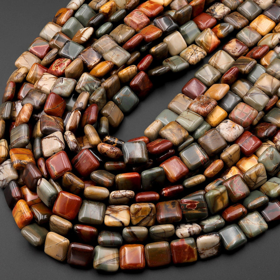 Natural Red Creek Jasper Square Beads 10mm 12mm Earthy Red Green Yellow Brown Aka Cherry Creek Multicolor Picasso Jasper 15.5" Strand