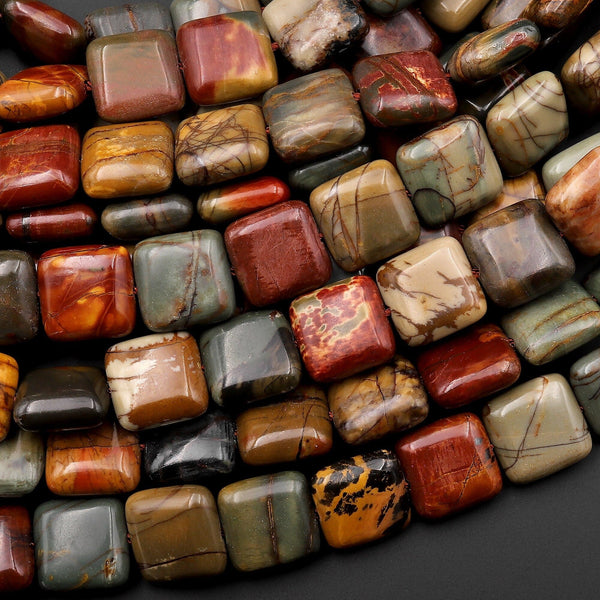 Natural Red Creek Jasper Square Beads 10mm 12mm Earthy Red Green Yellow Brown Aka Cherry Creek Multicolor Picasso Jasper 15.5" Strand