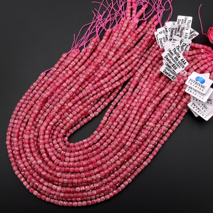 AAA Faceted Natural Pink Red Thulite 4mm Cube Beads Diamond Cut Gemstone From Norway 15.5" Strand