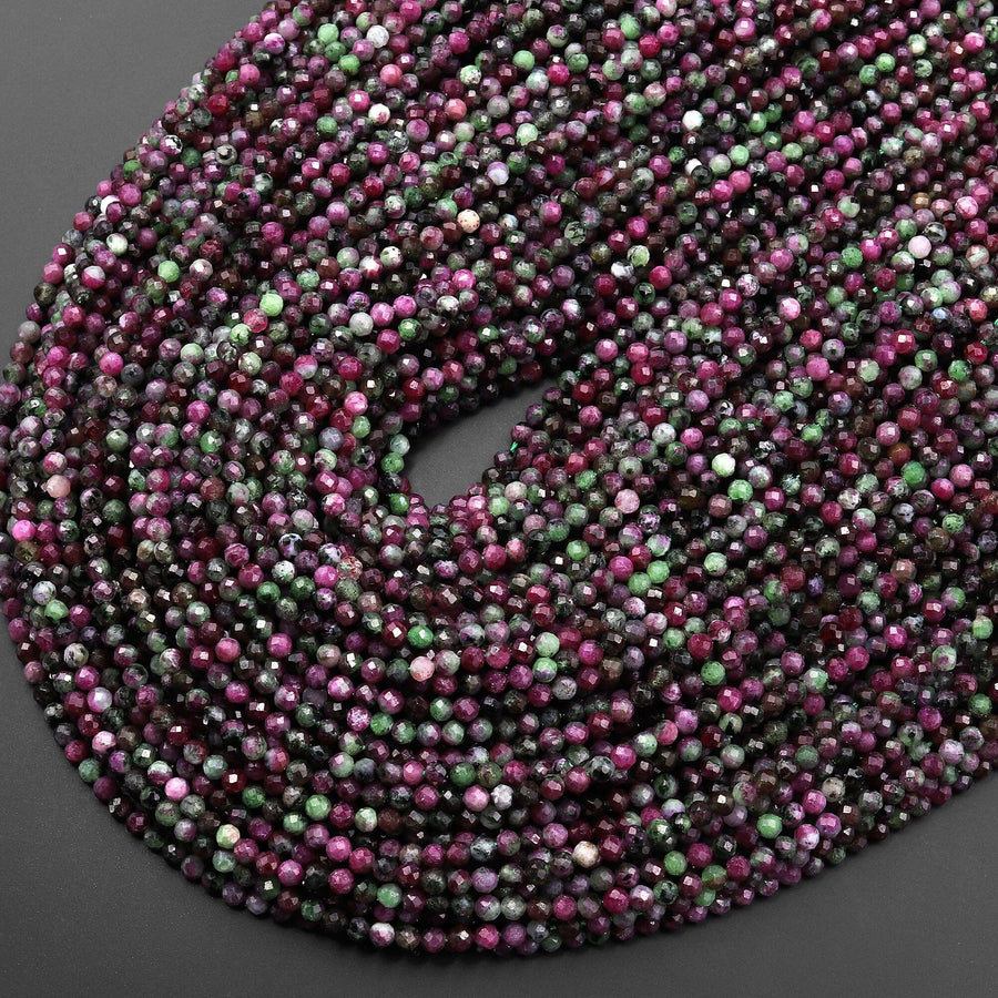 Faceted Natural Red Ruby Green Zoisite 2mm 3mm Round Beads Laser Diamond Cut Gemstone 15.5" Strand
