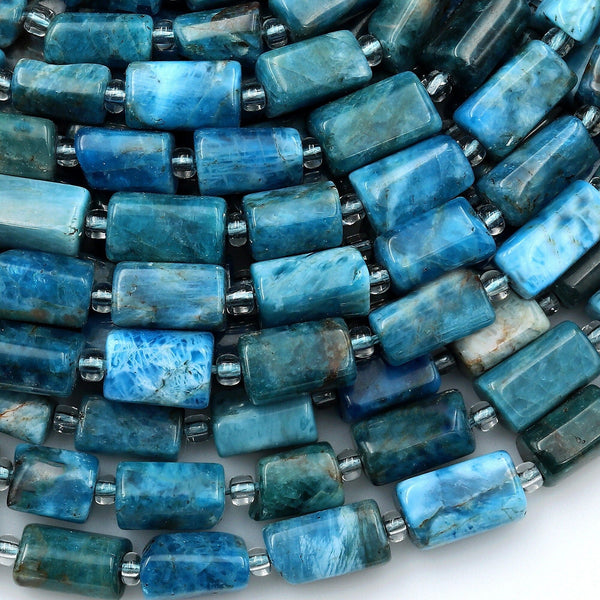 Natural Earthy Blue Apatite Smooth Tube Cylinder Beads 15.5" Strand