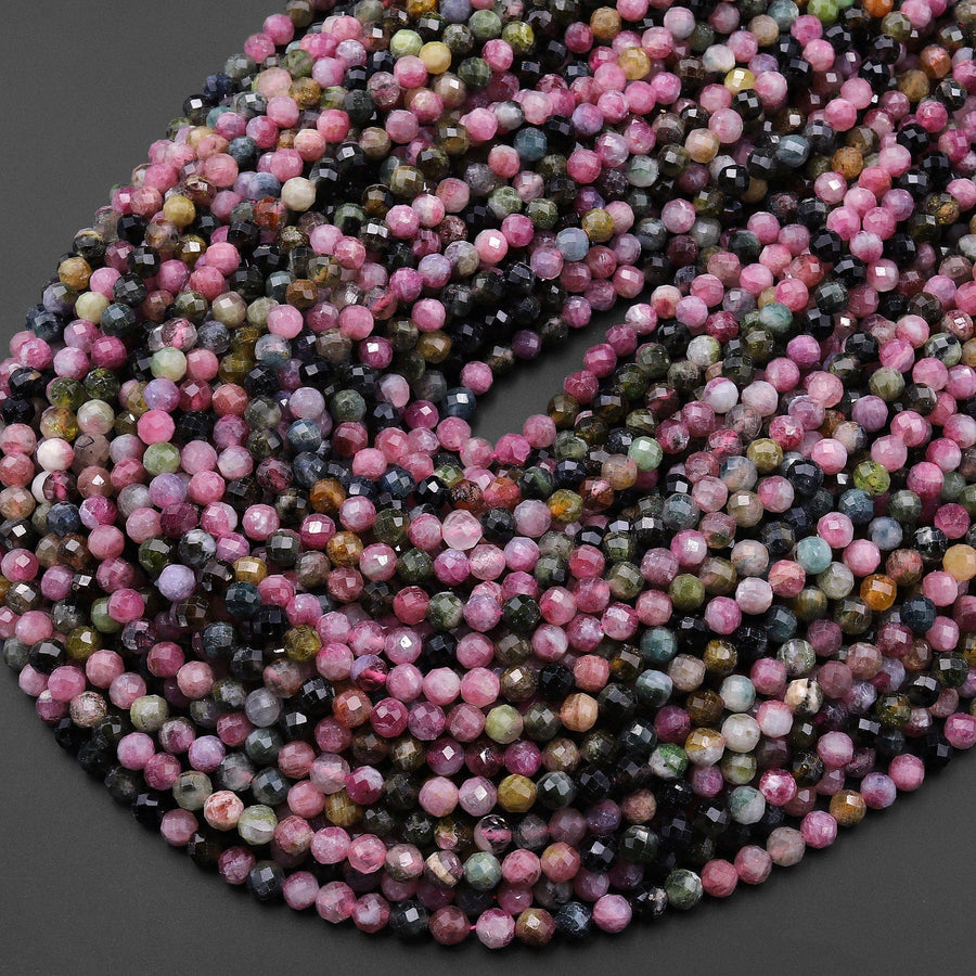 Natural Pink Green Tourmaline Faceted 4mm Round Beads Gemstone 15.5" Strand