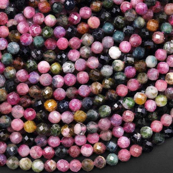 Natural Pink Green Tourmaline Faceted 4mm Round Beads Gemstone 15.5" Strand