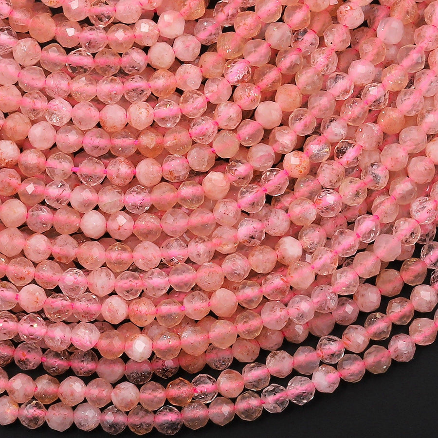 Faceted Natural Pink Rose Quartz 2mm 3mm Round Beads Micro Diamond Cut Gemstone 15.5" Strand