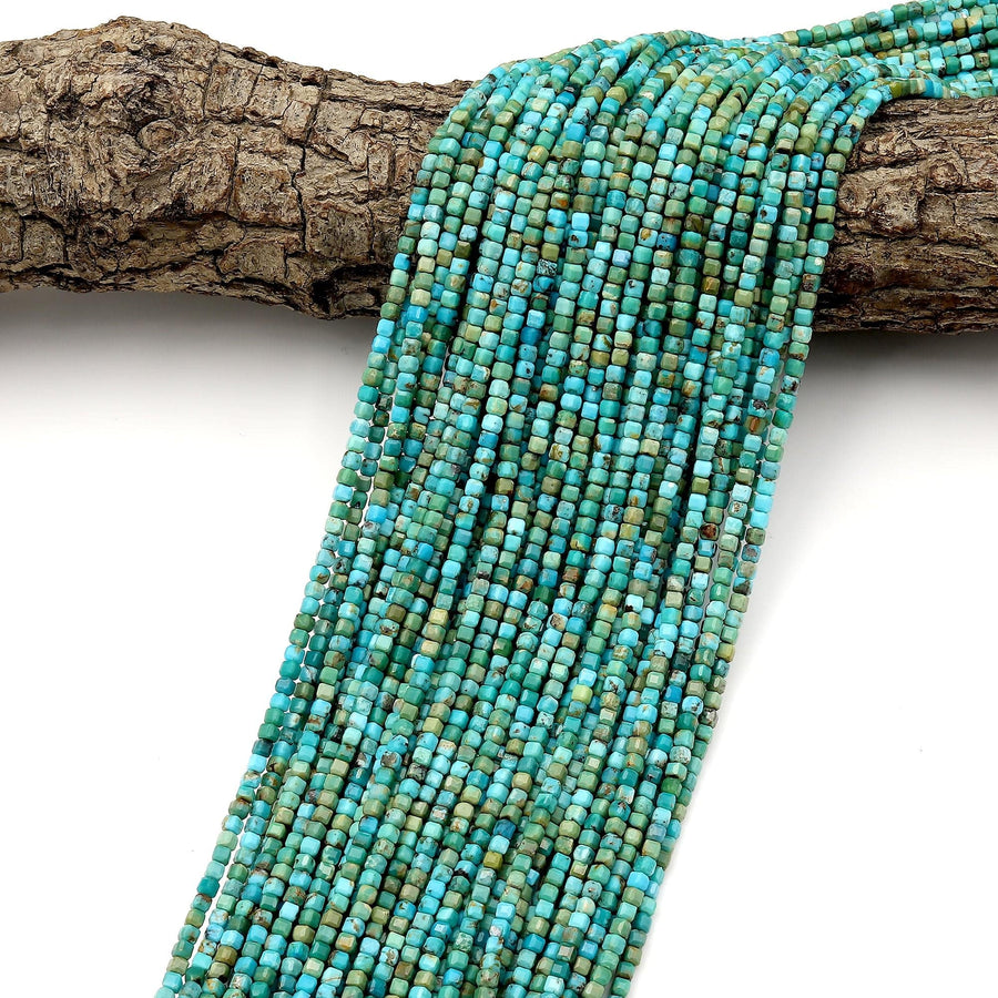 AAA Genuine Real Natural Blue Green Turquoise 2mm 3mm Cube Beads Gemstone 15.5" Strand