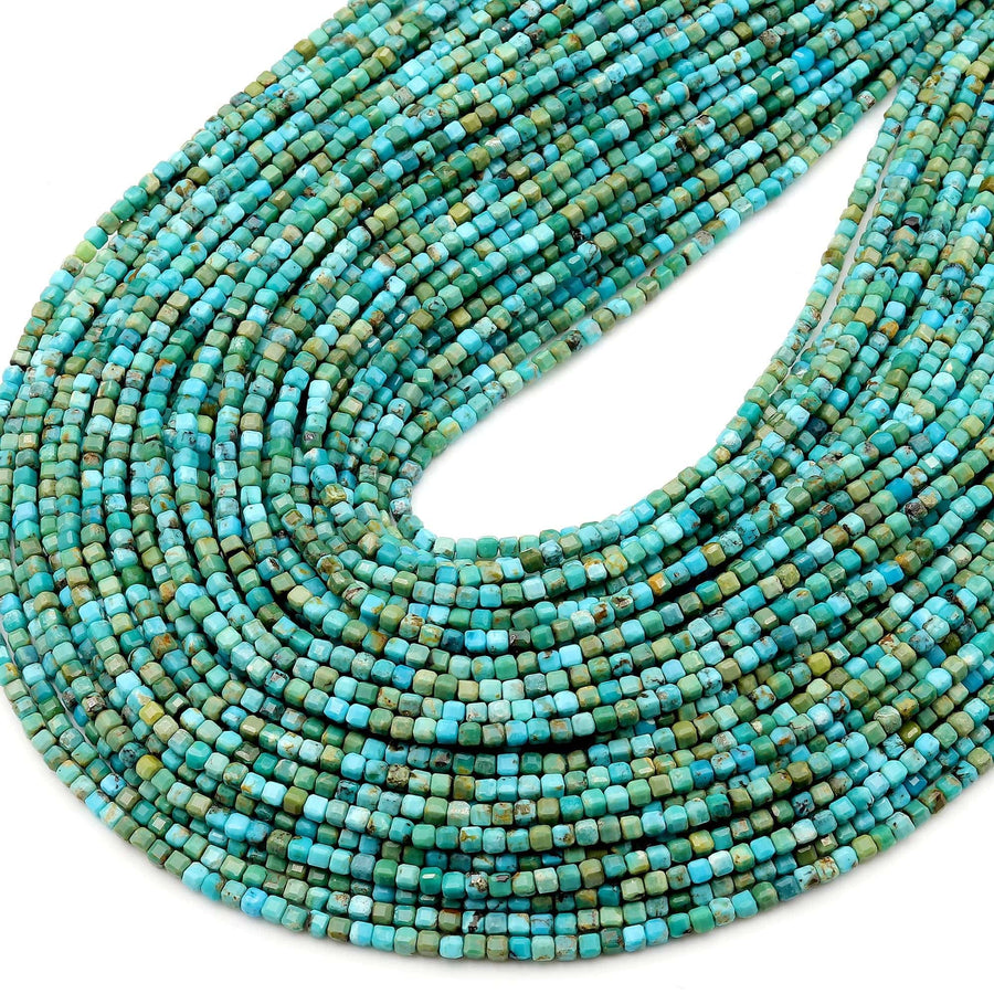 AAA Genuine Real Natural Blue Green Turquoise 2mm 3mm Cube Beads Gemstone 15.5" Strand