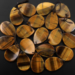 Natural Tiger Eye Earring Pair Flat Teardrop Cabochon Cab Pair Drilled Matched Earrings Bead Pair