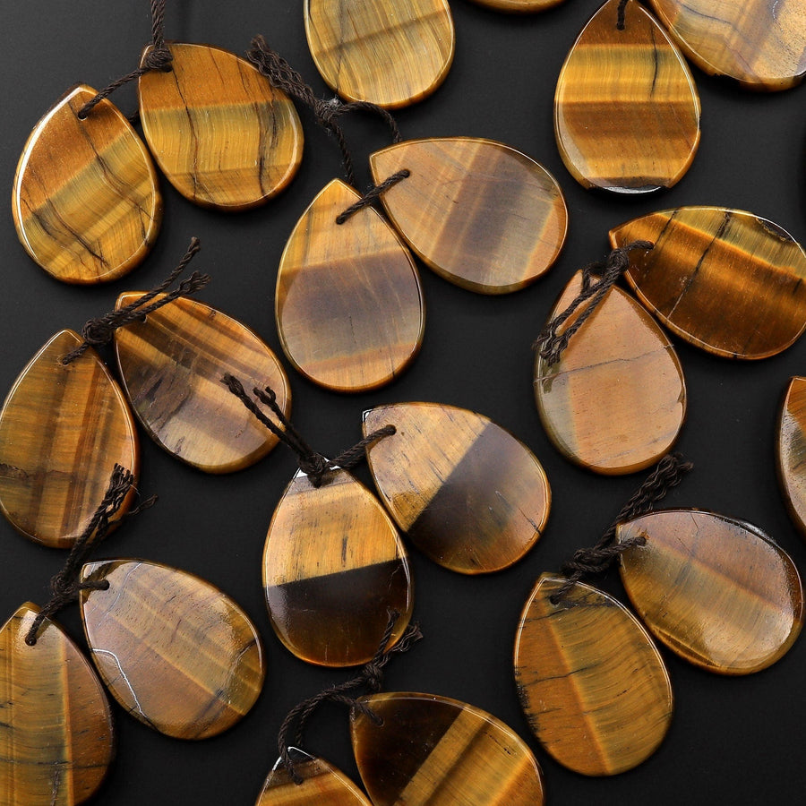 Natural Tiger Eye Earring Pair Flat Teardrop Cabochon Cab Pair Drilled Matched Earrings Bead Pair