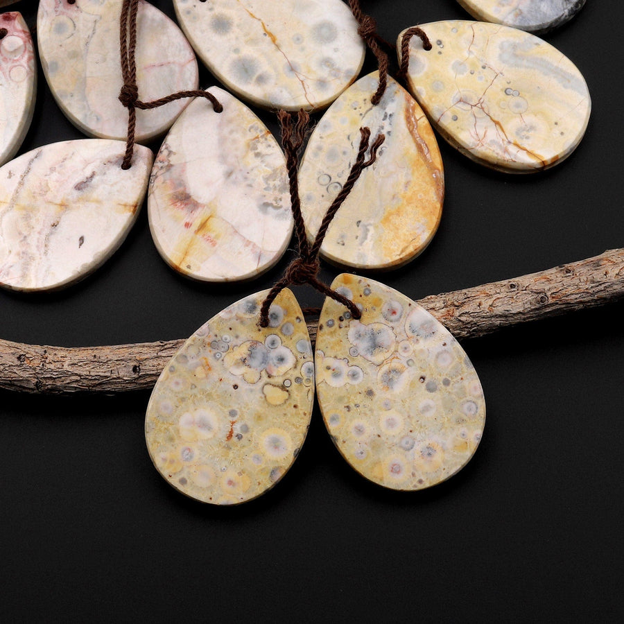 Natural Yellow Galaxy Jasper Earring Pair Teardrop Cabochon Pair Drilled Matched Gemstone Beads