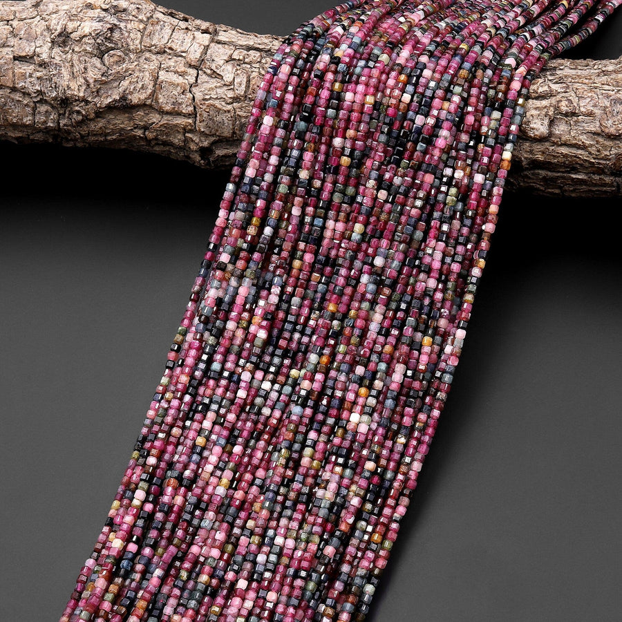 AAA Natural Fuchsia Red Green Tourmaline Faceted 2mm Cube Beads Gemstone 15.5" Strand