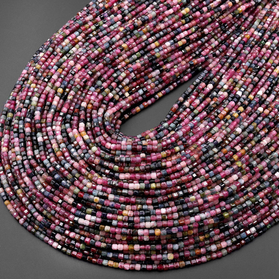 AAA Natural Fuchsia Red Green Tourmaline Faceted 2mm Cube Beads Gemstone 15.5" Strand